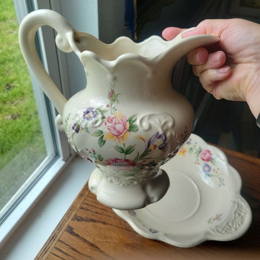 Vtg 1930s British Ceramic Pitcher & Wash Basin Bowl Set Floral Rose Art Deco Era - Picture 6 of 16